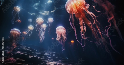 A swarm of luminescent jellyfish in the ocean at night