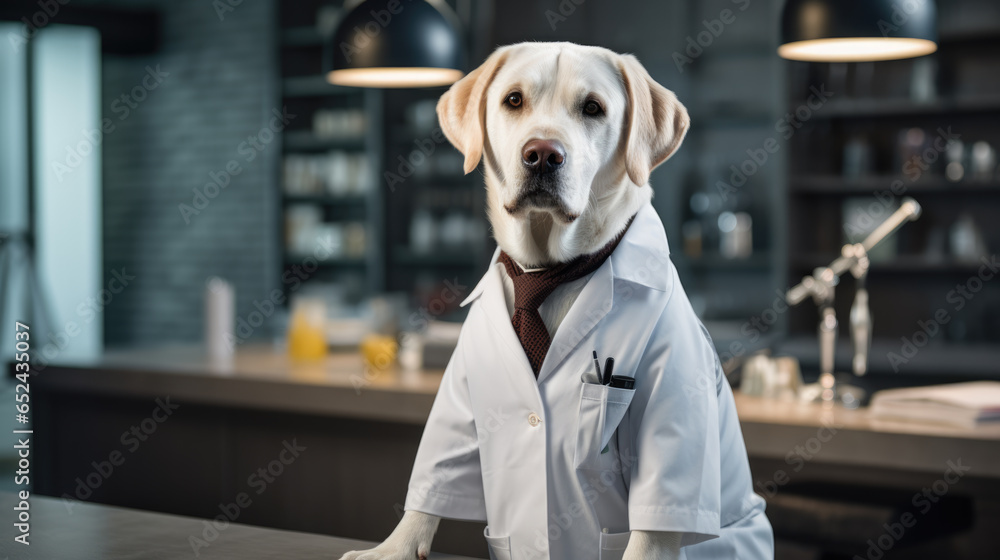 Serious dog in a white coat as a doctor or scientist