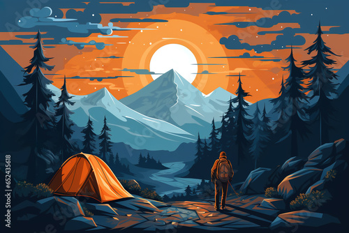 A man hiking and camping in the forest