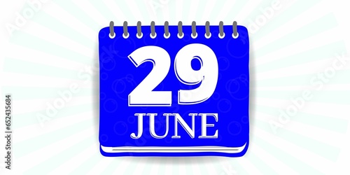 29 june, calendar with the day twenty nine of the month of june in blue color and background white photo