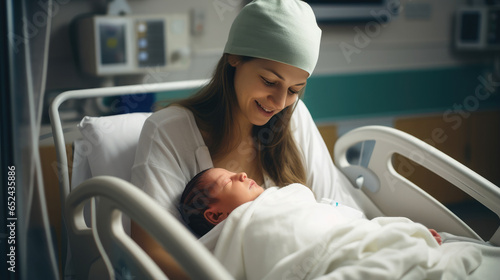 Generative AI, woman holding a newborn baby in her arms in the delivery room, young mother, maternity hospital, clinic, childbirth, pregnancy, small child, postpartum control, neonatology, parent