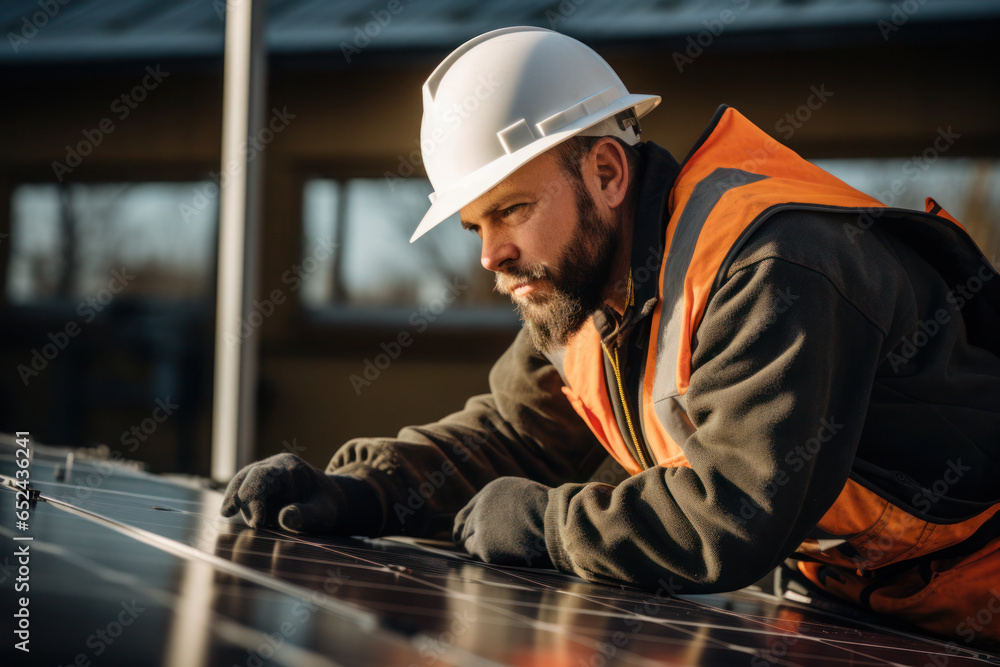 Worker installing solar panels, renewable energy Worker installing solar panels, renewable energy