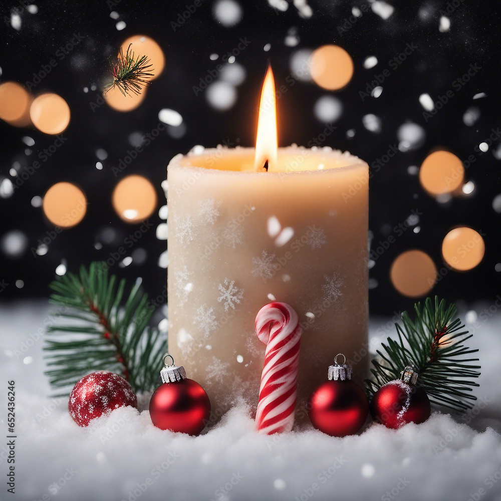christmas candle, christmas balls, candy canes and pine branches with snowfall christmas candle, christmas balls, candy canes and pine branches with snowfall