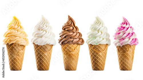 Five Ice cream cones with different flavors in a  Dessert-themed, photorealistic illustration in a PNG format, cutout, and isolated.  Generative ai