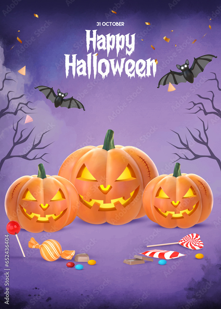 Happy Halloween Poster With 3D Rendering Pumpkins, Bats And Candies Happy Halloween Poster With 3D Rendering Pumpkins, Bats And Candies