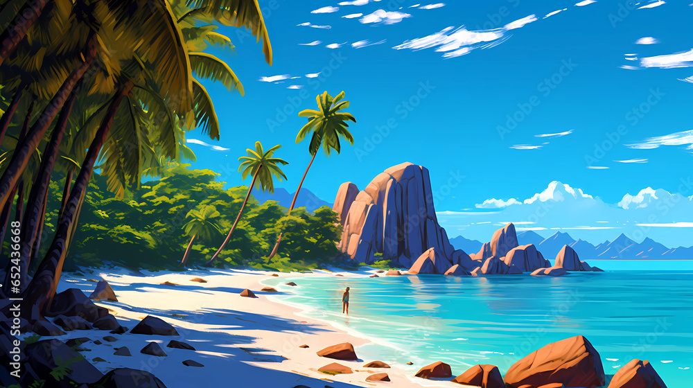 Illustration of a beautiful tropical island with a beach and palm trees