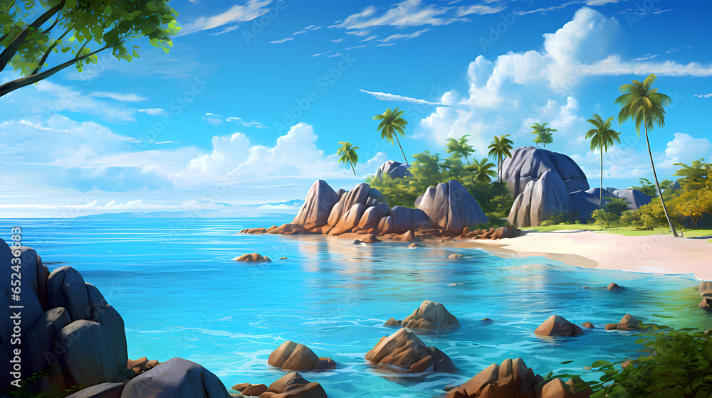Illustration of a beautiful tropical island with a beach and palm trees