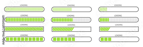 A set of green download progress icons, a speed indicator showing the status of downloading a file from the Internet. Application interface button template for games, sites. Vector illustration	
