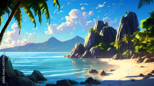 Obraz na płótnie Illustration of a beautiful tropical island with a beach and palm trees w salonie