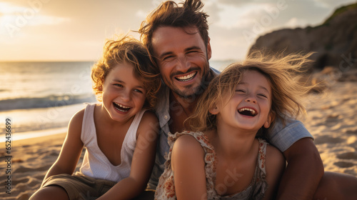Happy family with kids smiling in the background of the beach on vacation