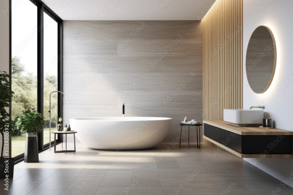 Elegant, bright bathroom interior with a large window, granite floor and washbasin. Elegant, bright bathroom interior with a large window, granite floor and washbasin.