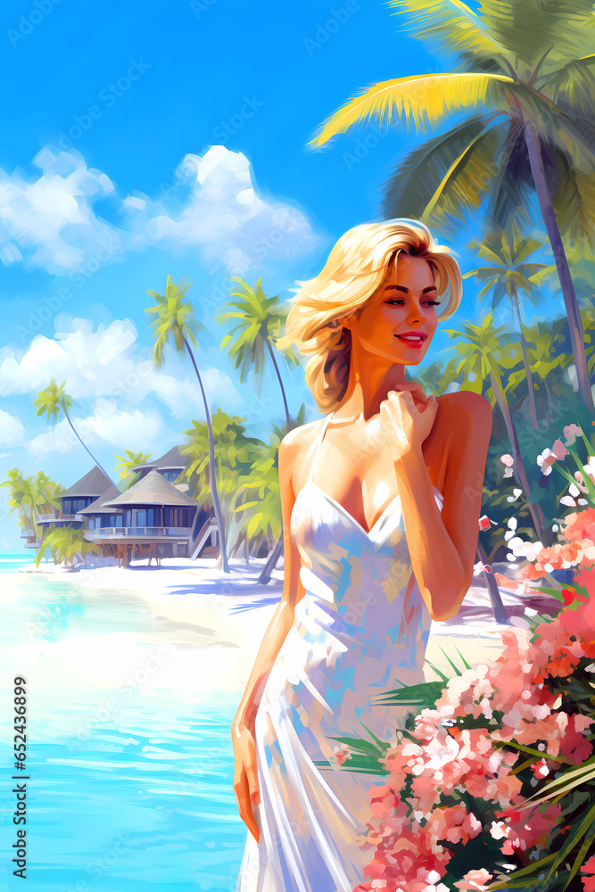 Illustration of a beautiful woman on vacation on a tropical island