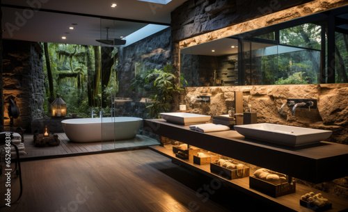 Contemporary bathroom  wall mirror next to whimsical plant next to faucet and sink over stone counter and tropical view.