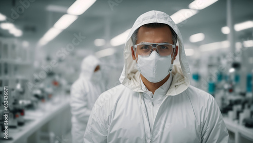 Male scientist in sterile clean room surrounded by very sophisticated scientific equipment