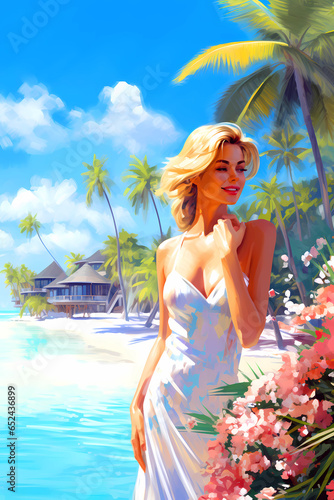 Obraz na płótnie Illustration of a beautiful woman on vacation on a tropical island w salonie