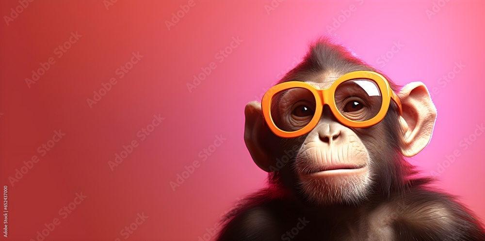 Creative animal concept. a monkey wearing yellow glasses on an orange background , digital art, faceted, copy space. Generative AI