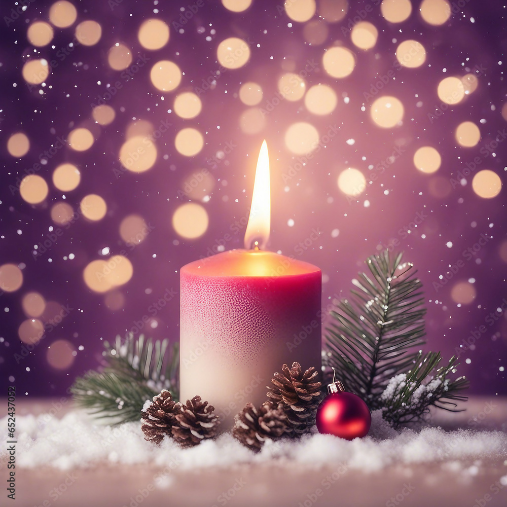 christmas candle, christmas balls, candy canes and pine branches with snowfall christmas candle, christmas balls, candy canes and pine branches with snowfall