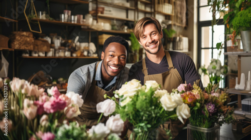 Portrait of two happy men working in flower shop