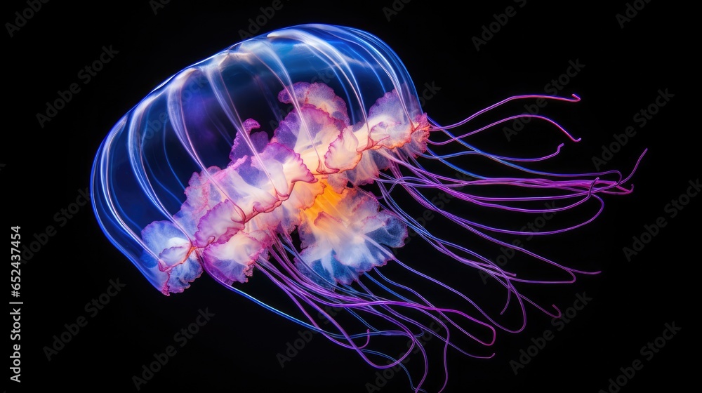 Naklejka premium Jellyfish swimming in the sea. Dark blue depth of the ocean, view from under the water. Illustration of sun rays underwater. Illustration for banner, poster, cover, brochure or presentation.