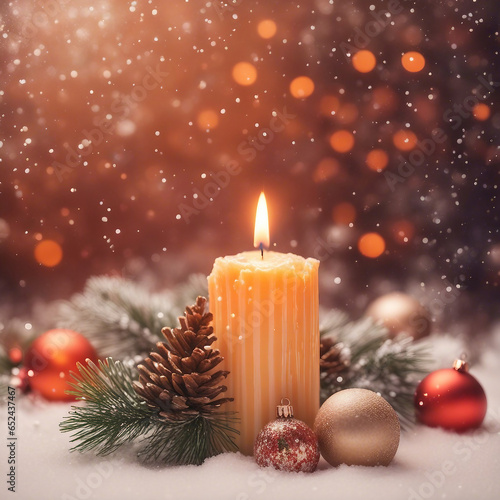 christmas candle, christmas balls, candy canes and pine branches with snowfall