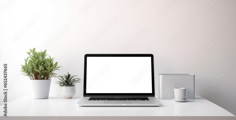 mockup image of laptop with blank transparent screen, on the table by the flowers and cup in a cozy office space environment furnishings. Ideal for website marketing and advertising mockup image of laptop with blank transparent screen, on the table by the flowers and cup in a cozy office space environment furnishings. Ideal for website marketing and advertising