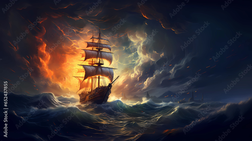 Illustration of a boat sailing towards the lighthouse during a storm