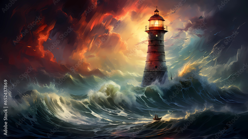 Illustration of a boat sailing towards the lighthouse during a storm - obrazy, fototapety, plakaty 