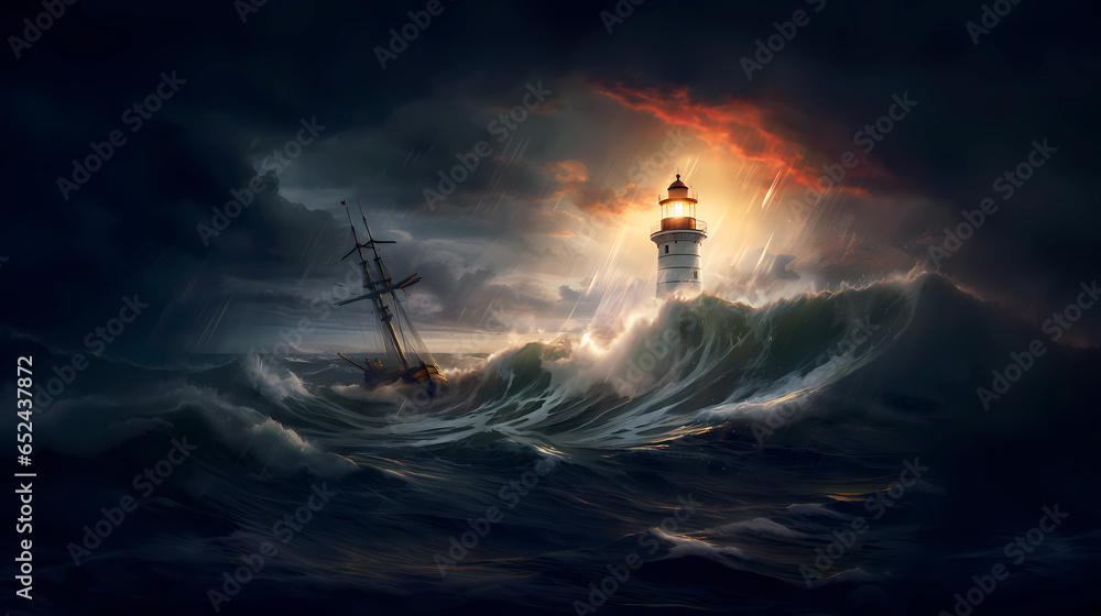Illustration of a boat sailing towards the lighthouse during a storm