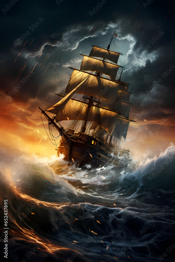 Illustration of a boat sailing towards the lighthouse during a storm