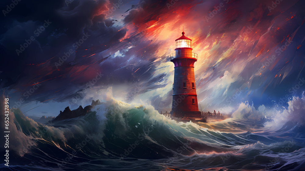 Illustration of a boat sailing towards the lighthouse during a storm