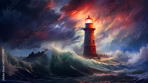 Obraz na płótnie Illustration of a boat sailing towards the lighthouse during a storm w salonie