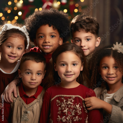portrait of multiracial children posing for christmas photo with christmas tree in background.generative ai