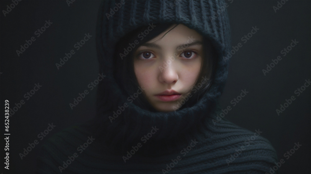 Studio portrait of a young fashion model wearing a black hooded wool knit sweater. Pale, natural complexion. 