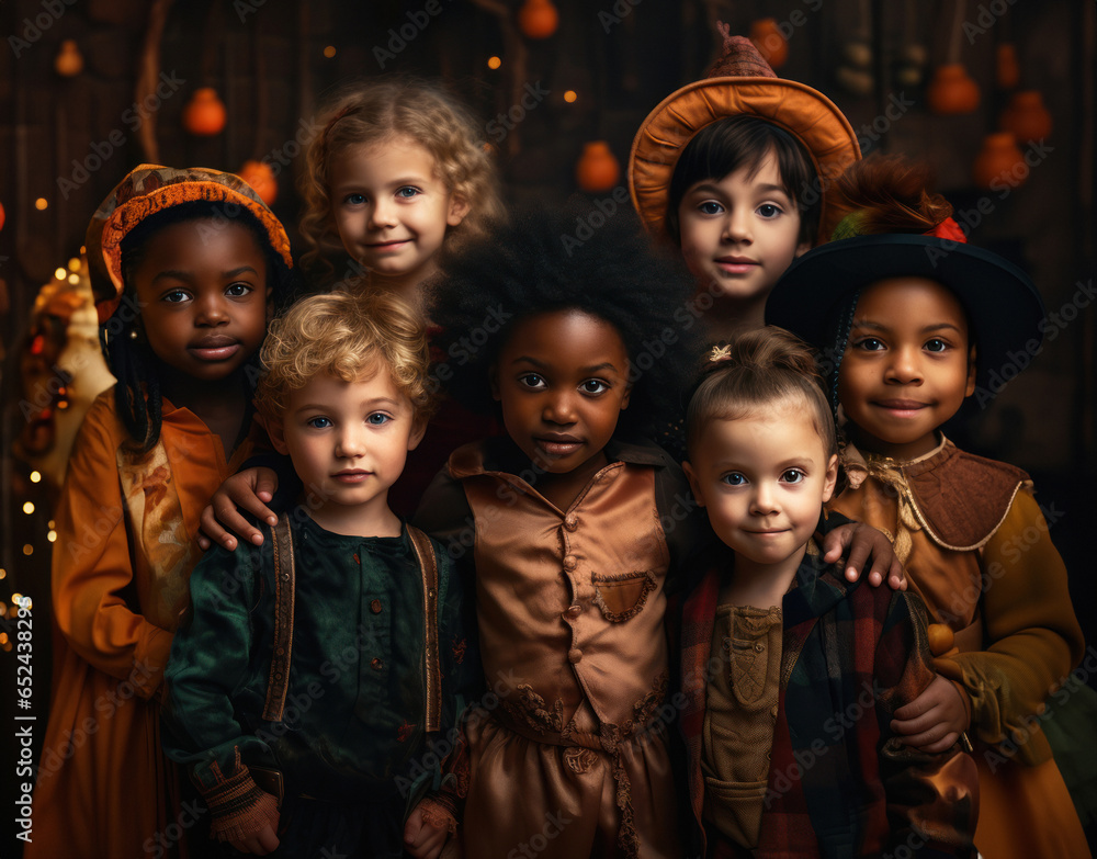 portrait of multiracial children posing for halloween in costumes.generative ai