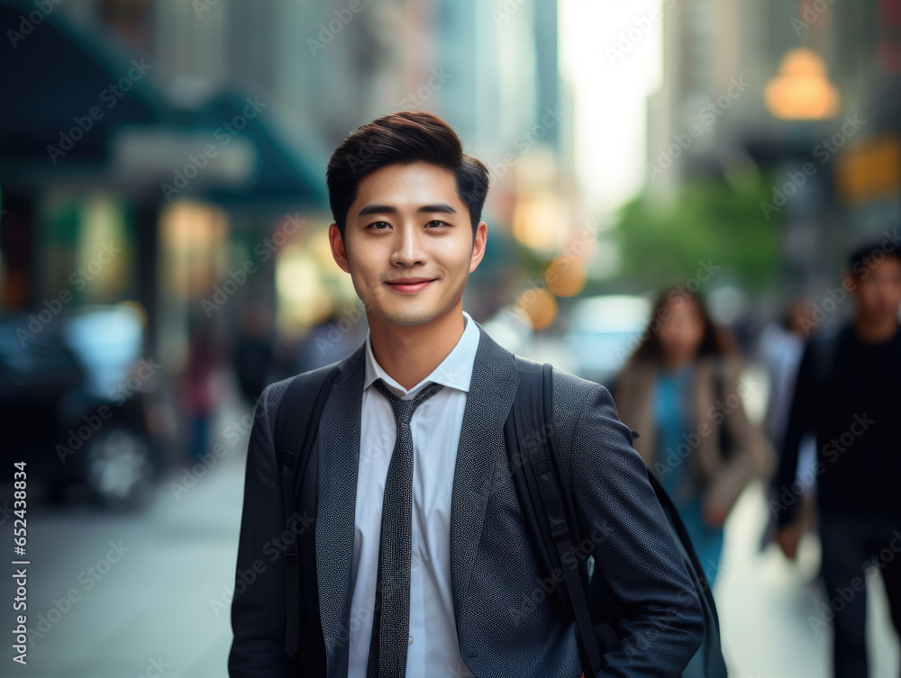 A smiling young Asian businessman in a suit walks along a busy city street, heading to the office. The blurred, bustling street creates a dynamic backdrop. A smiling young Asian businessman in a suit walks along a busy city street, heading to the office. The blurred, bustling street creates a dynamic backdrop.