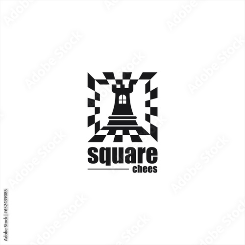 Black Chess The Rook Statue Sculpture silhouette with Square chess Table logo design