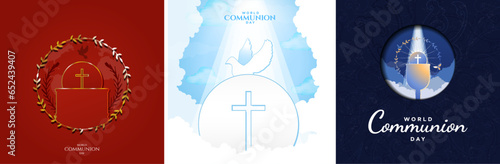 World Communion Sunday Greeting Cards. Sacramental bread, chalice cup, and holy spirit icon illustrations. Vector Illustration. 