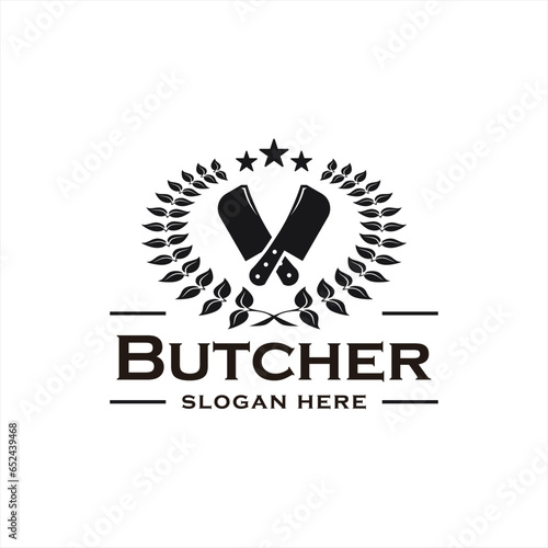 Butcher Shop Label Logo Design Crossed Cleaver Knife with Circle Leaves for Vintage Retro Logo Template