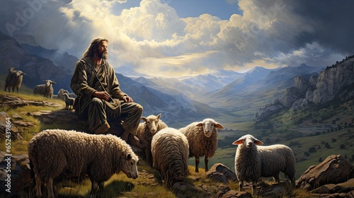 an up-close Shepard, sheep scene in a horizontal format, space for copy in a Pastrorl-themed image as a JPG. generative ai