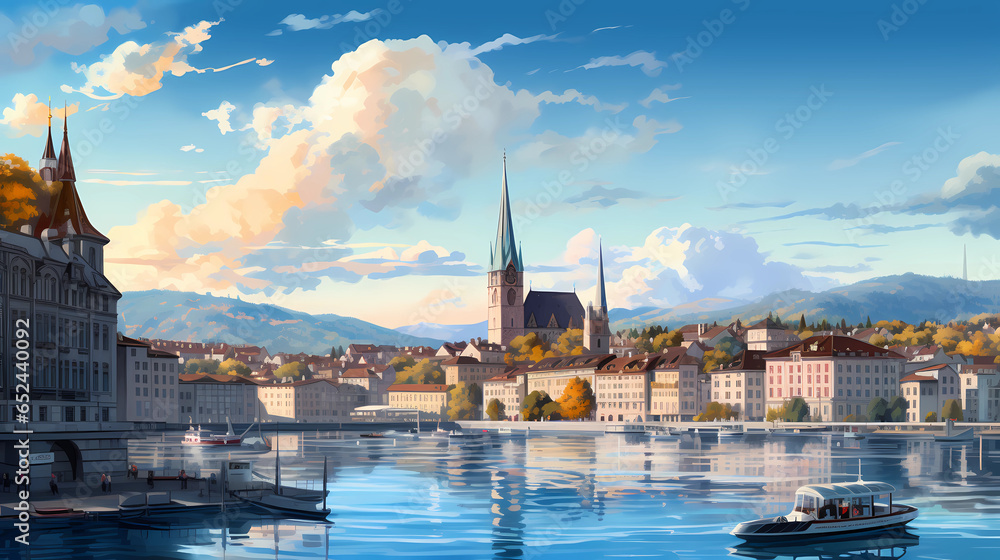 Illustration of beautiful view of the city of Zurich, Switzerland