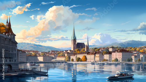 Illustration of beautiful view of the city of Zurich, Switzerland photo