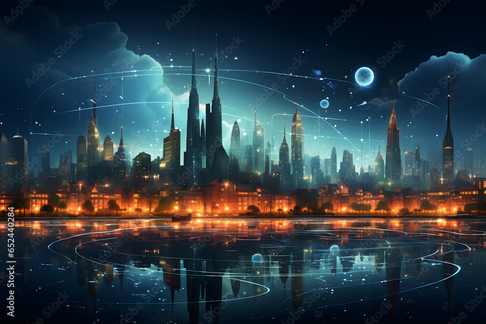 Smart city and abstract dot point connect with gradient line and aesthetic Intricate wave line design , big data connection technology concept

