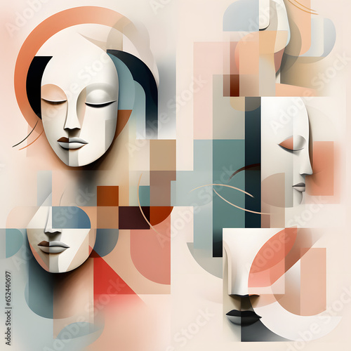 Abstract design art illustration curves faces pattern full of color background and geometric woman concept futuristic