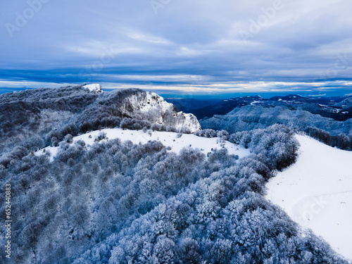 Scene of the snowfall in Puigsacalm Peak, La Garrotxa, Girona, Spain