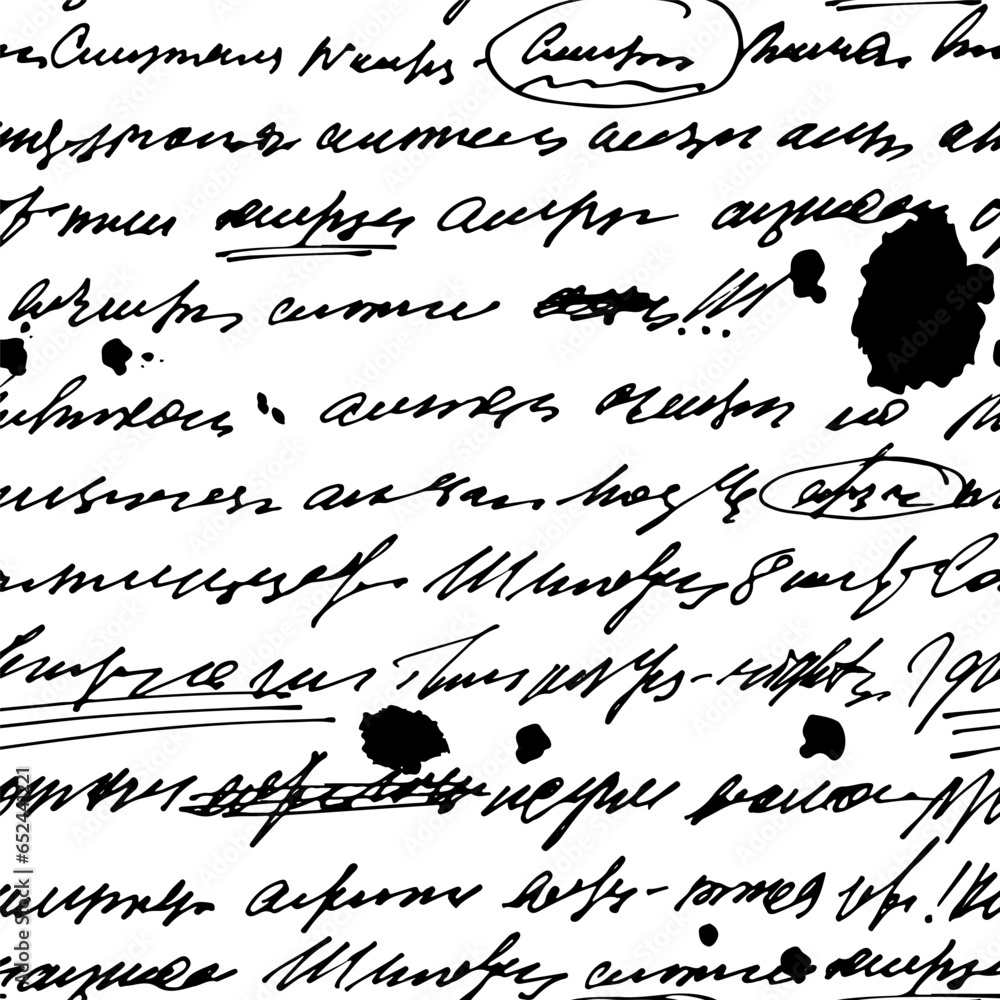 Seamless pattern with illegible text and ink stains, abstract vintage ...