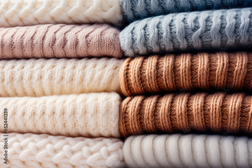 Sunlit close-up details of cozy knitted wool textures in soft hues Sunlit close-up details of cozy knitted wool textures in soft hues