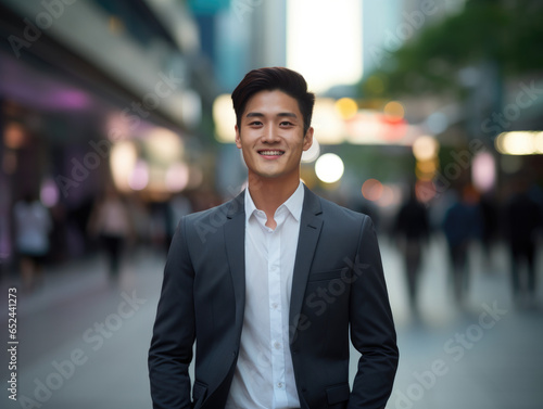 This image features a cheerful Asian businessman in a suit walking through a bustling city street on his way to the office, with the blurred street enhancing the urban vibe.