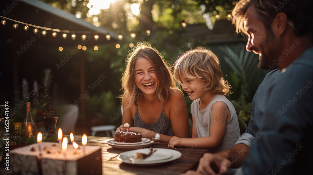 Happy family celebrating birthday together outdoors.