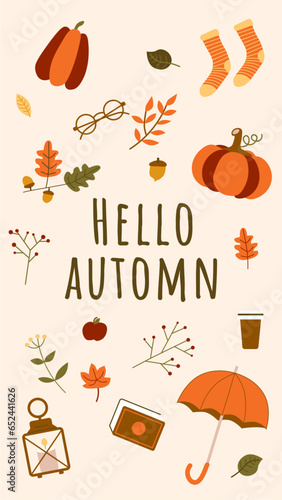Story Instagram vectorielle pour l'automne. Set d'illustrations de pictos pour la saison d'automne : citrouille, parapluie, feuille qui tombe, café, lunette, chassette, livre, lecture au calme. dessin