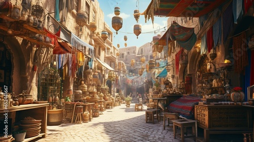 Exploring the bustling, ancient Middle Eastern market stands, Generative AI. © Electric Wolf